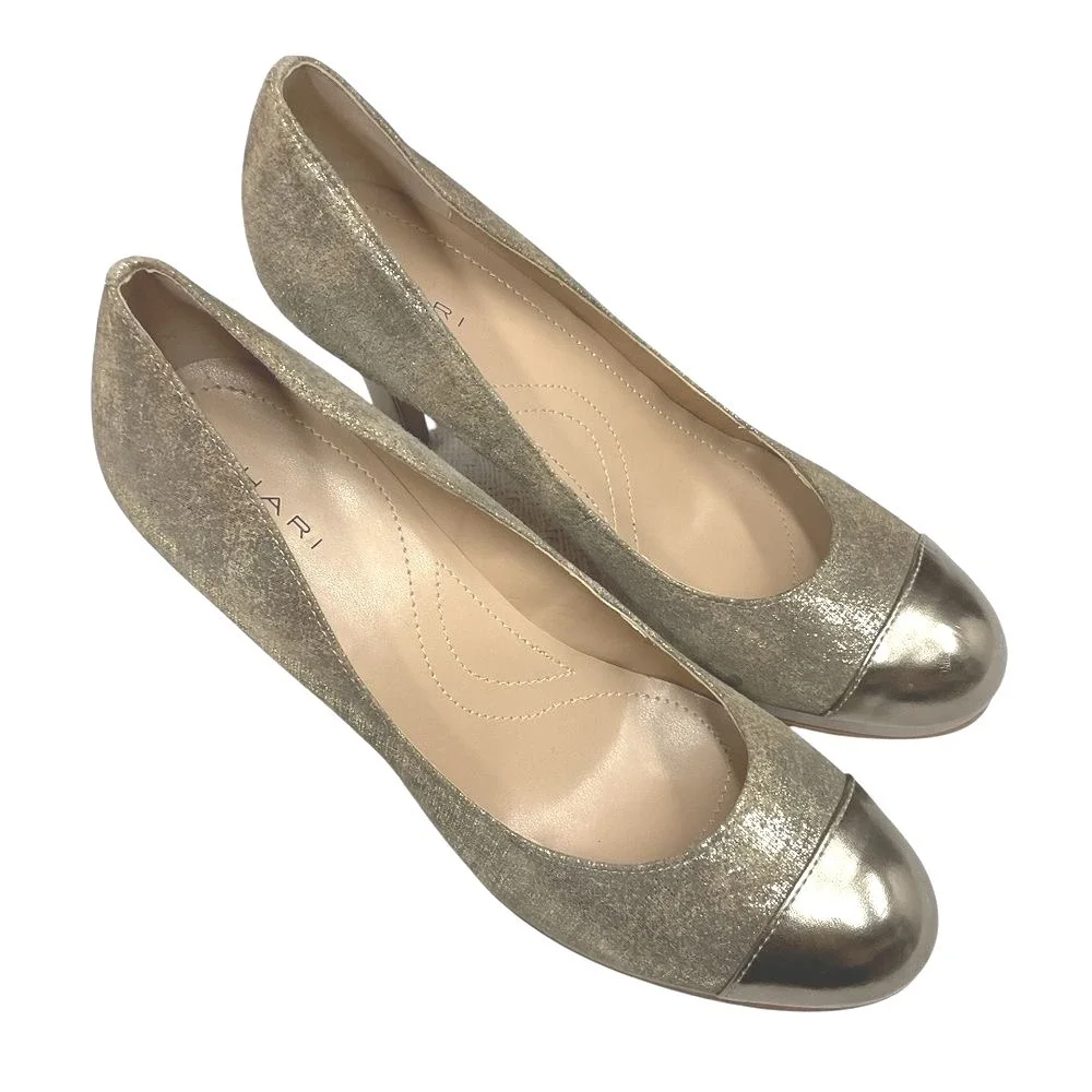 Tahari Women's Laura Gold Cap Toe Leather‎ Platform Pumps Heel Size 8.5M Party